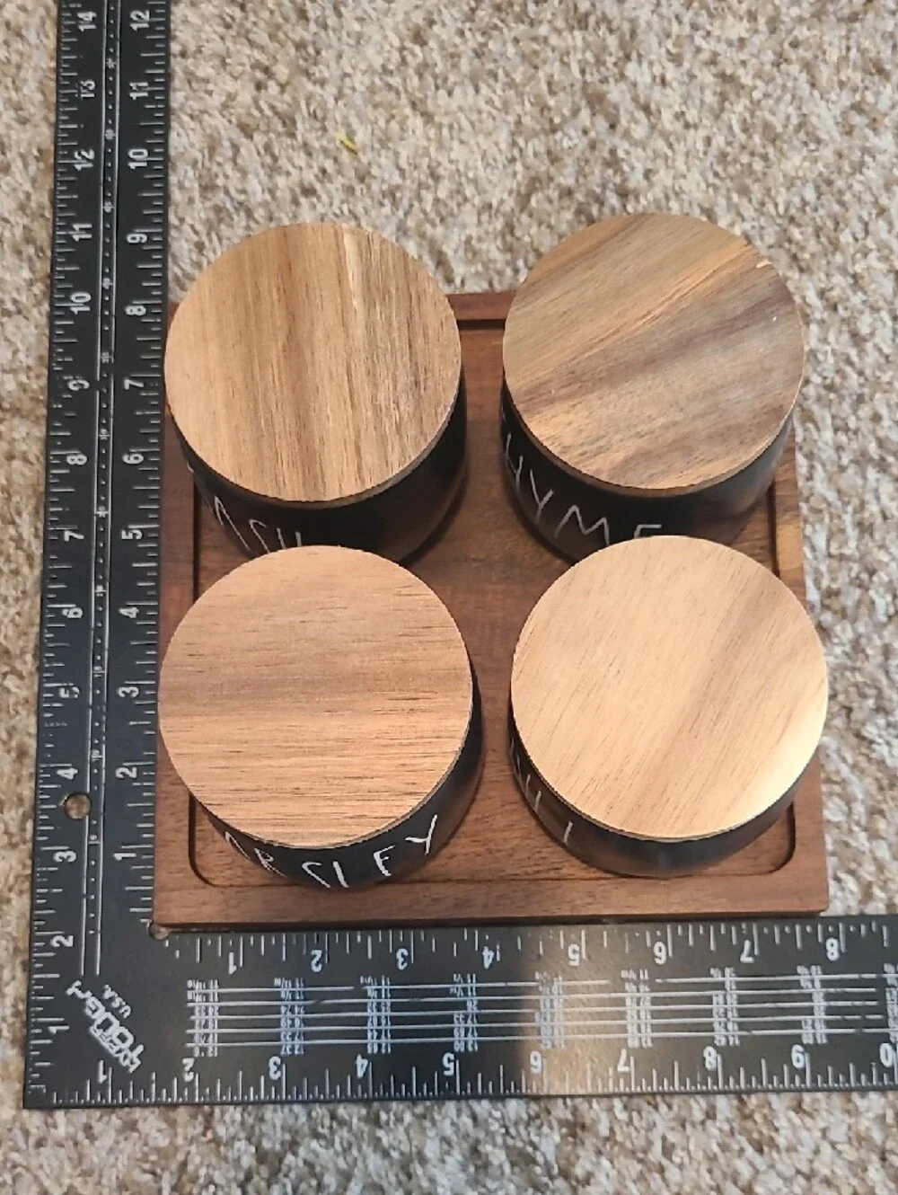 Rae Dunn Black Ceramic Herb Jars with Wood Lids